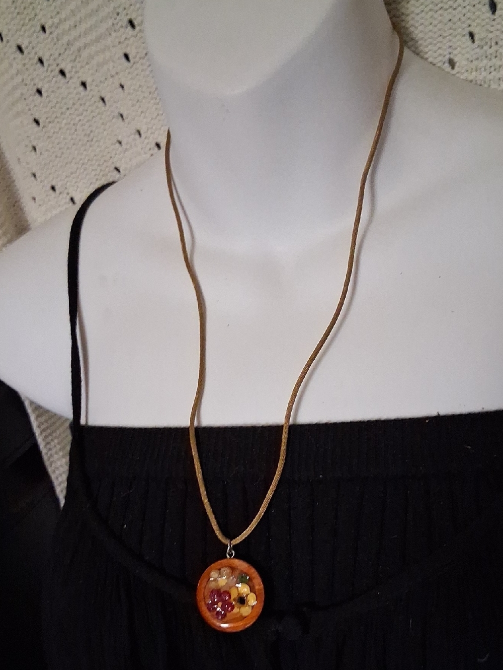 Handcrafted Wooden Pendant Necklace with Floral Inlay